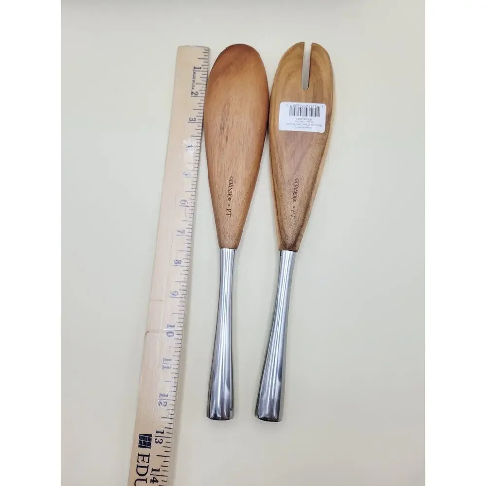 Dansk Wood Salad Server Set of 2 Brown Silver Metal Open Box